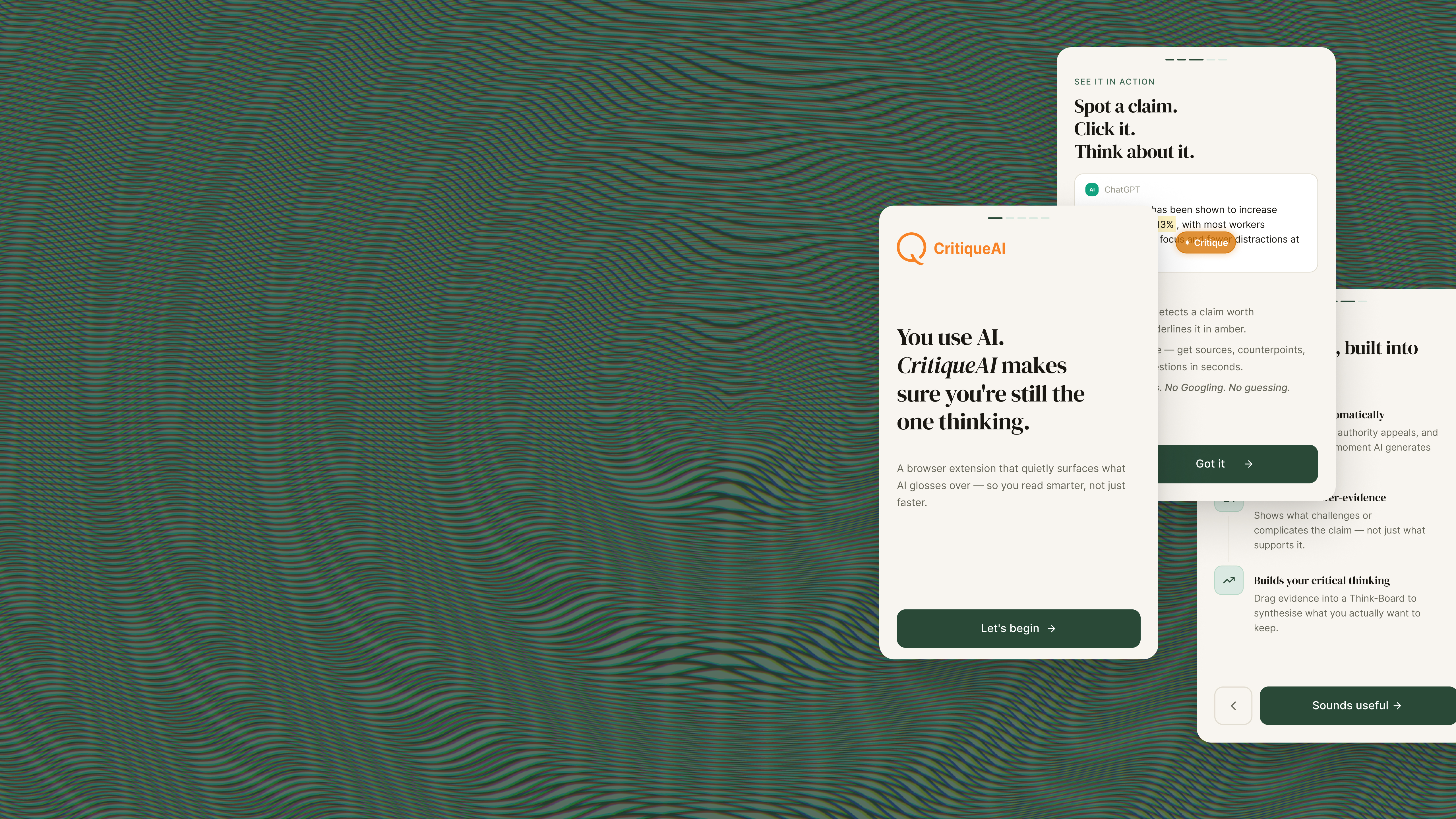 Critique AI browser extension showing its four core tools