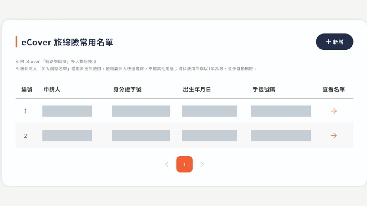 Travel insurance list UI